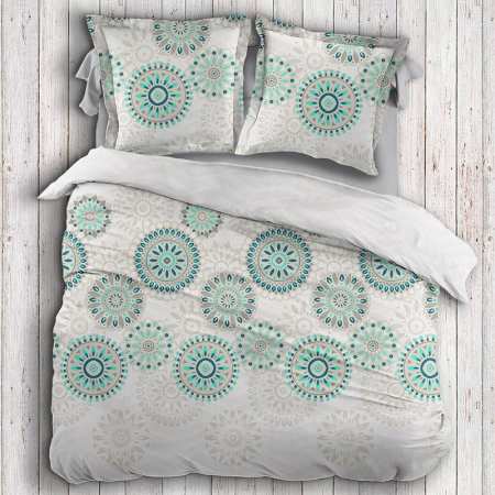 Parure Housse de Couette Satin de Coton Rosace Turquoise