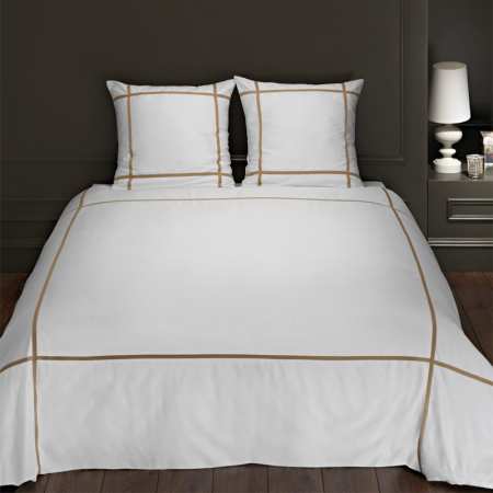 Housse de couette satin de coton blanc et beige